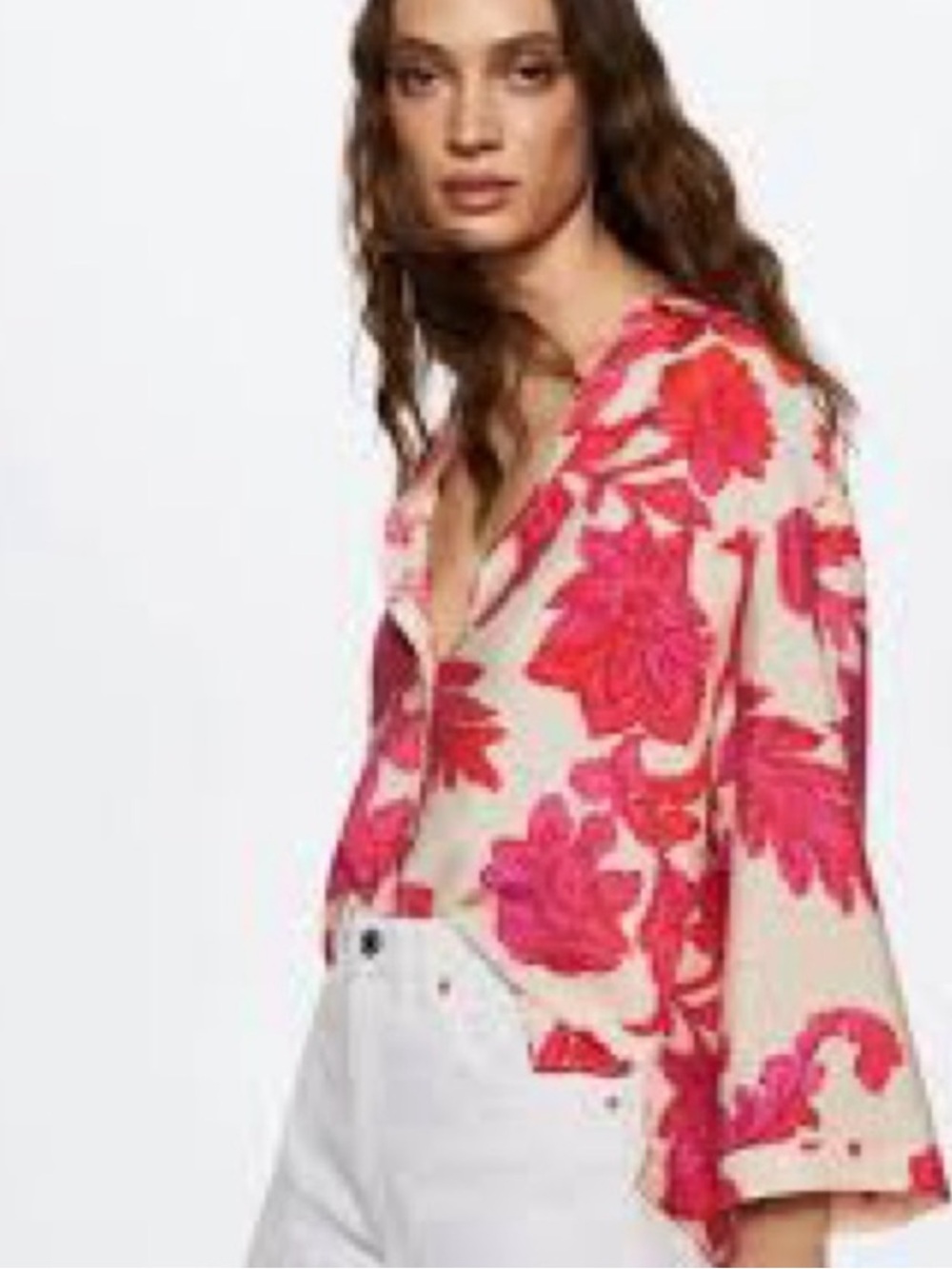 MANGO WOMEN Floral Button-Down Shirt in Pink and Cream Size 4 - Picture 2 of 7